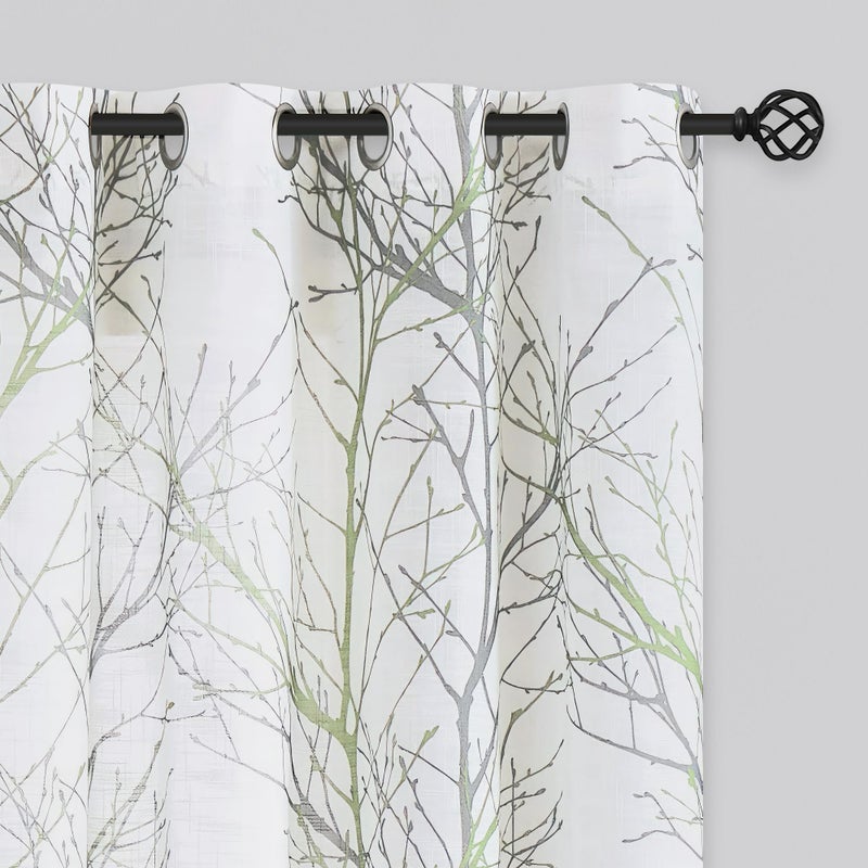 FMFUNCTEX Linen Semi Sheer Curtains for Bedroom, Sage Green White Curtains 72 Inches Long for Living Room, Grey Tree Branch PPrint Curtain Light Filtering Farmhouse Window Drapes, Grommet Top 2 Panels - Image 1